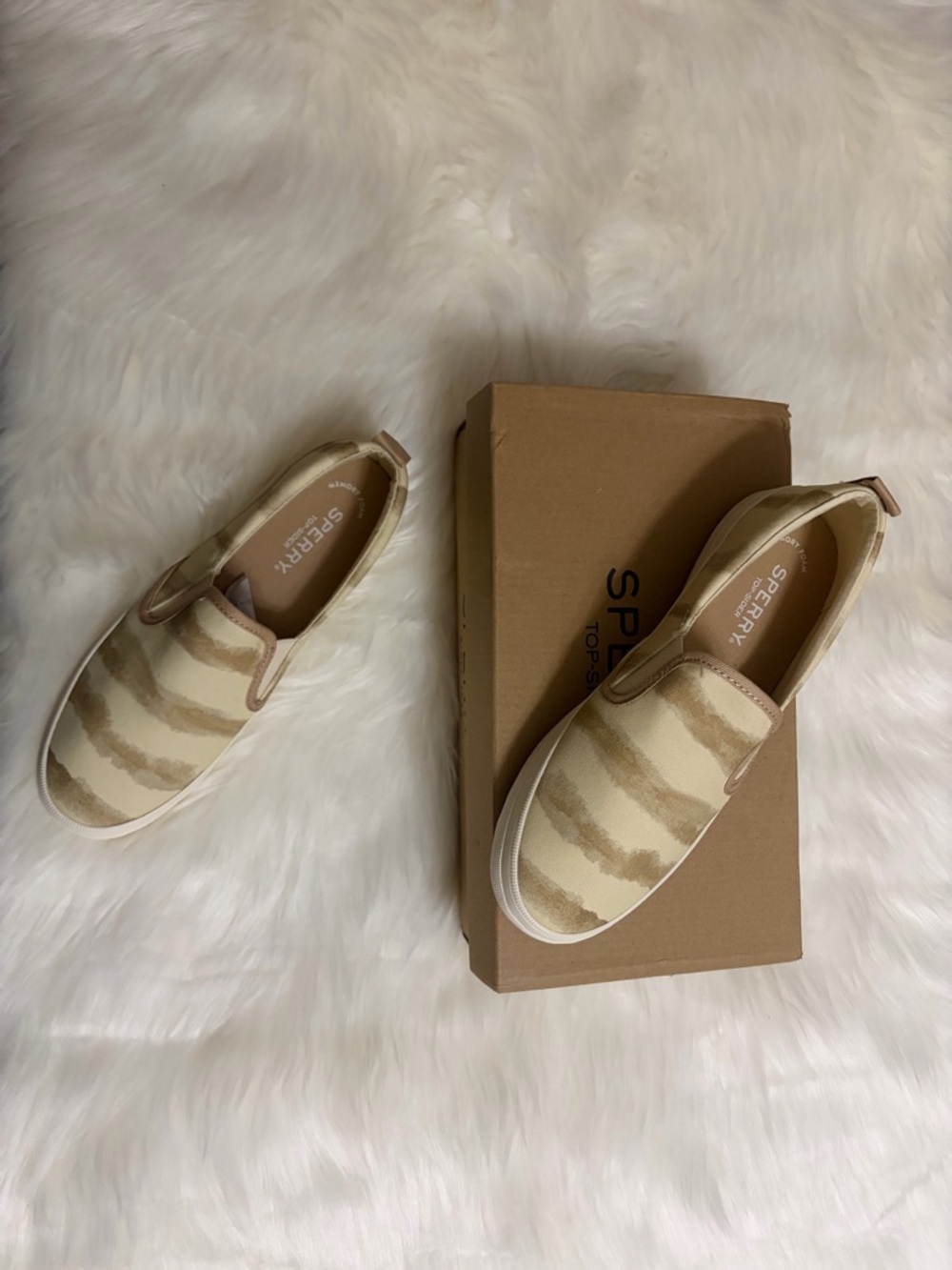 Sperry Taupe Striped Canvas Slip-Ons